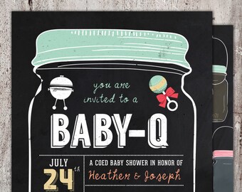 May include: A black and white chalkboard style baby shower invitation with a mason jar illustration. The text reads "You are invited to a Baby-Q" and includes the date, time, and location of the event. The invitation is for a coed baby shower in honor of Heathen & Joseph.
