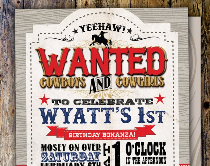 Vintage Cowboy Invitation, boy birthday, cowgirl, rodeo, western invitation, retro, wanted poster, rodeo poster, cowgirl, horse