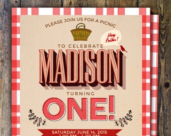 Picnic Birthday Invitation, Summer Birthay Invitation, Red Gingham Invitation, Wood and Gingham, Picnic Invitation, Summer Invitation
