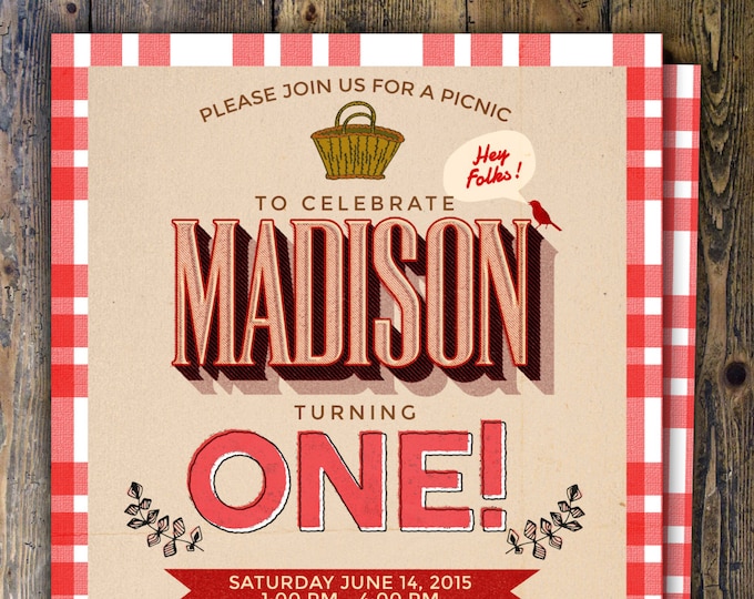 Picnic Birthday Invitation, Summer Birthay Invitation, Red Gingham Invitation, Wood and Gingham, Picnic Invitation, Summer Invitation