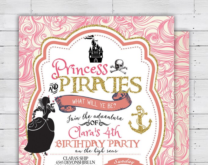 Pirate and Princess Party Invitations Personalised. Pirate and Princess Birthday Invitation, Princess and Pirate invitation , vintage, retro