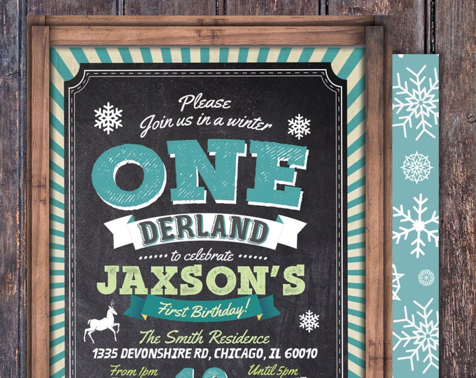 First birthday invitation - First birthday chalkboard invitation - winter ONEderland- 1st birthday party invitation - Chalkboard printable