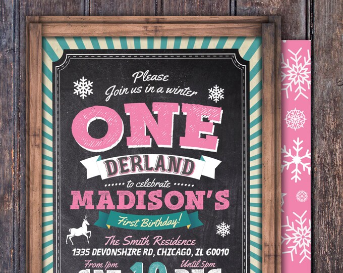 First birthday invitation - First birthday chalkboard invitation - winter ONEderland- 1st birthday party invitation - Chalkboard printable