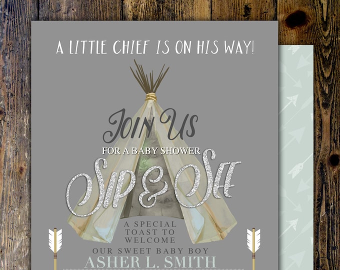 TEEPEE Baby Shower Invitation, Indian Baby shower Invite, aztec baby shower invite,boy, invitation, Aztec, arrow, pow wow, BOHO, sip and see