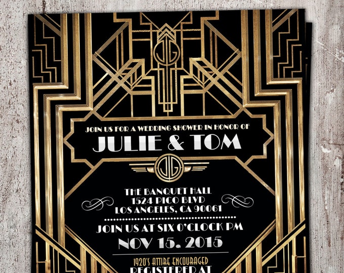 Great Gatsby wedding shower invitation, Hollywood film theme, birthday party invite Black and gold glam printable digital invite, bridal