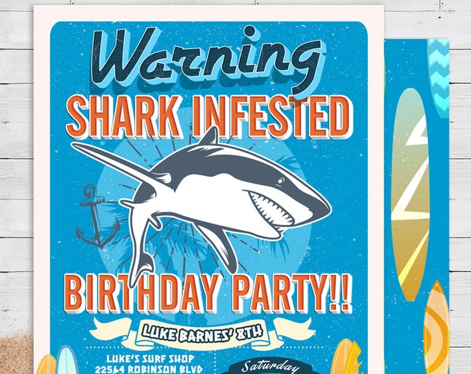 Shark invitation, Pool Party Invitation, surfer birthday, birthday invitation, invite, vintage surfer, girl birthday, pool party, swimming,