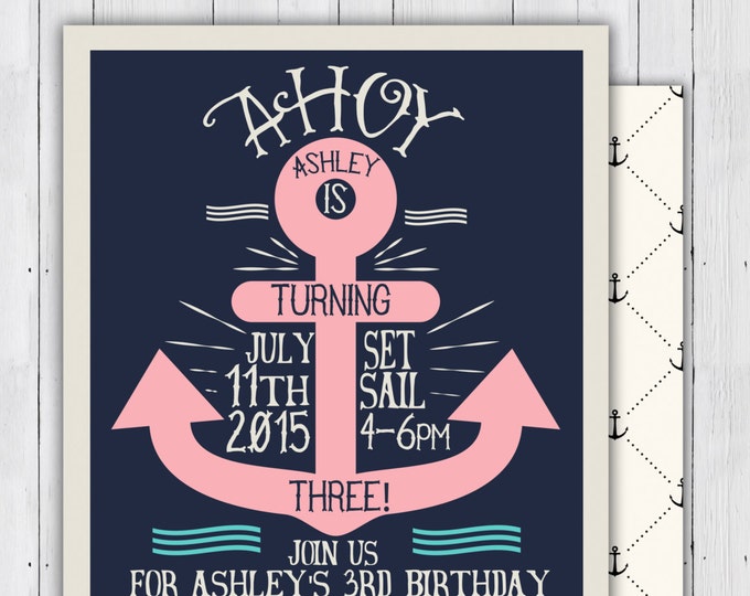 Nautical birthday Invitation - Ahoy, anchor, Sailboat Invitation-Nautical Preppy Invitation-Nautical Invite- ocean, girl and boy twins