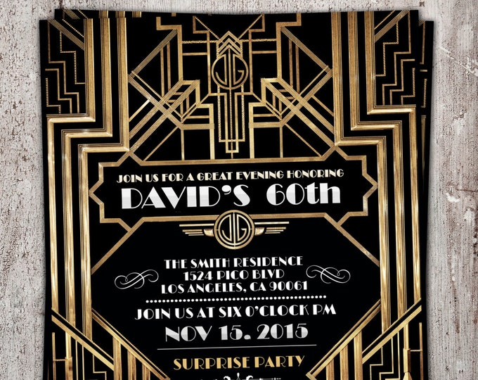 Great Gatsby birthday invitation, Roaring 20's, Hollywood film theme party invite. Black and gold glam printable digital invite, glam,