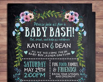 Floral, rustic, BOHO, BabyQ chalkboard couples co-ed Baby Shower BBQ invitation, baby q, boy girl- baby is brewing, baby girl shower