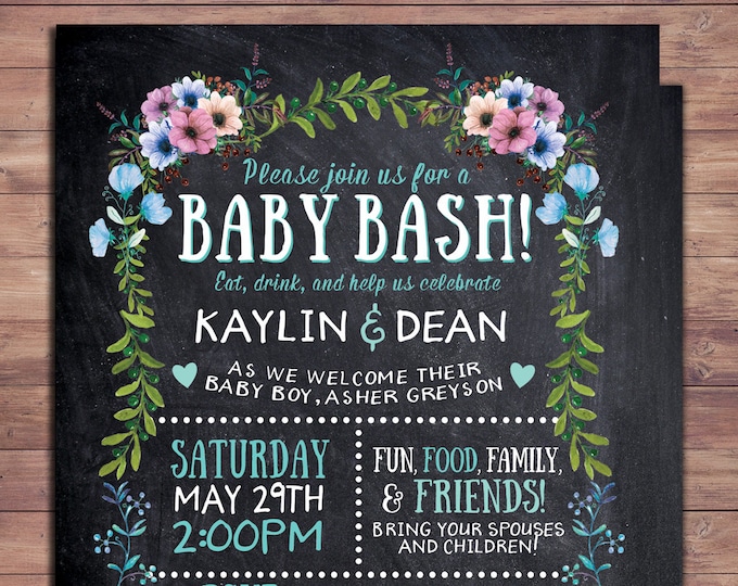 Floral, rustic, BOHO, BabyQ chalkboard couples co-ed Baby Shower BBQ invitation, baby q, boy girl- baby is brewing, baby girl shower