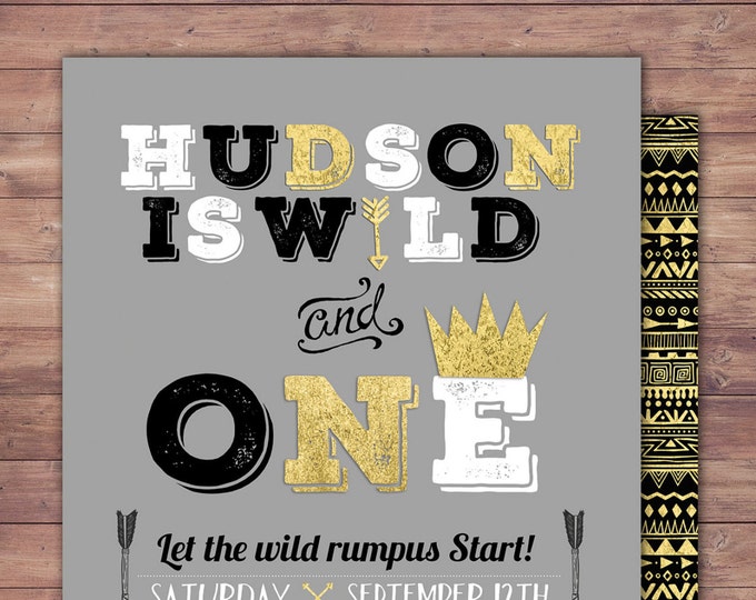 Wild one Birthday Invitation, Wild thing birthday Invite, invitation, arrow, pow wow, BOHO, Tribal, first birthday, 1st birthday, Gold