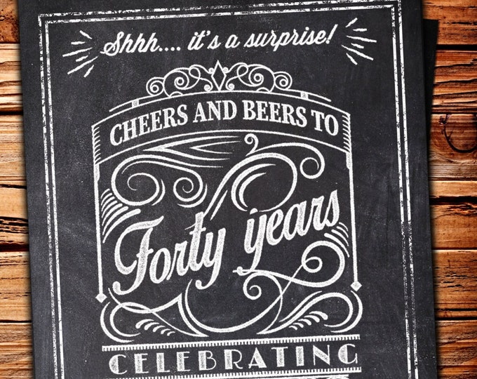Cheers and Beers Birthday Party Invitation, Chalkboard invite, 30th, 40th ,50th, 60th, 70th, rustic birthday invitation, BBQ invite