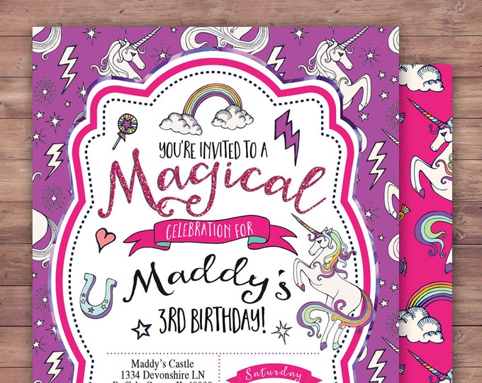 Magical Unicorn Birthday Invitation, Rainbow Party (Digital File)