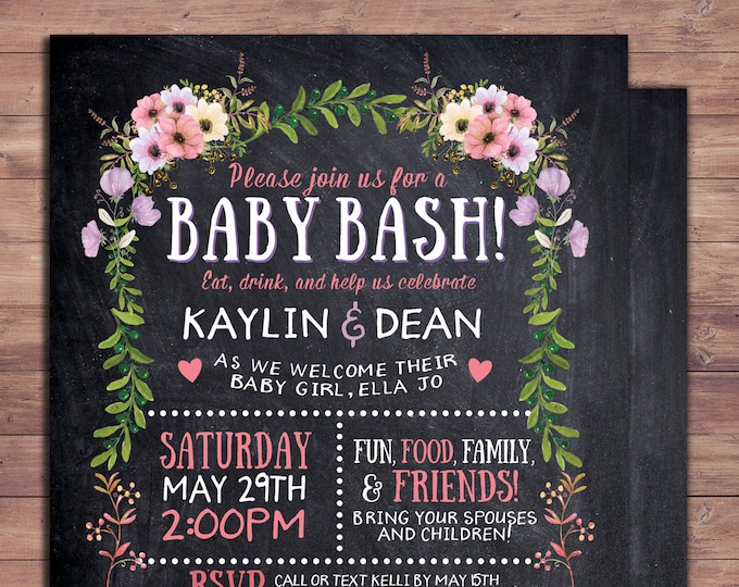 Floral, rustic, BOHO, BabyQ chalkboard couples co-ed Baby Shower BBQ invitation, baby q, boy girl- baby is brewing, baby girl shower