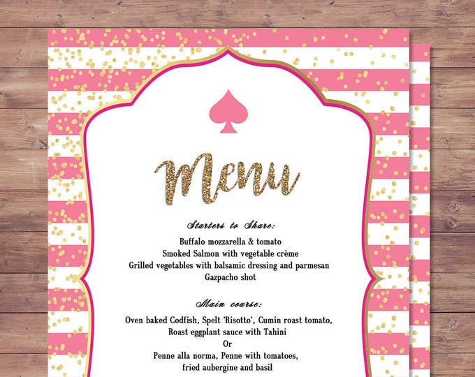 Spade party, menu,  bridal shower, brunch, decor, sweet 16, birthday, wedding, baby shower, couples shower, pink, glitter, Spade