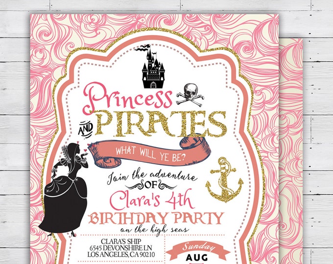 Pirate and Princess Party Invitations Personalised. Pirate and Princess Birthday Invitation, Princess and Pirate invitation , vintage, retro