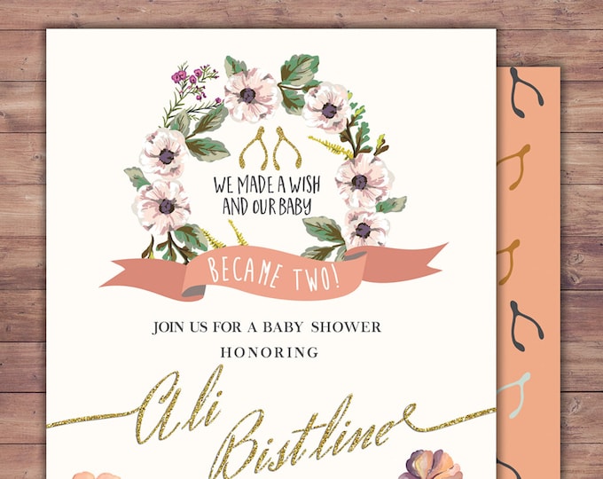 BOHO, wishbone, Twins, couples shower, Baby Shower Invitation, floral, co-ed shower, flowers, baby, co-ed baby shower, baby girl shower,