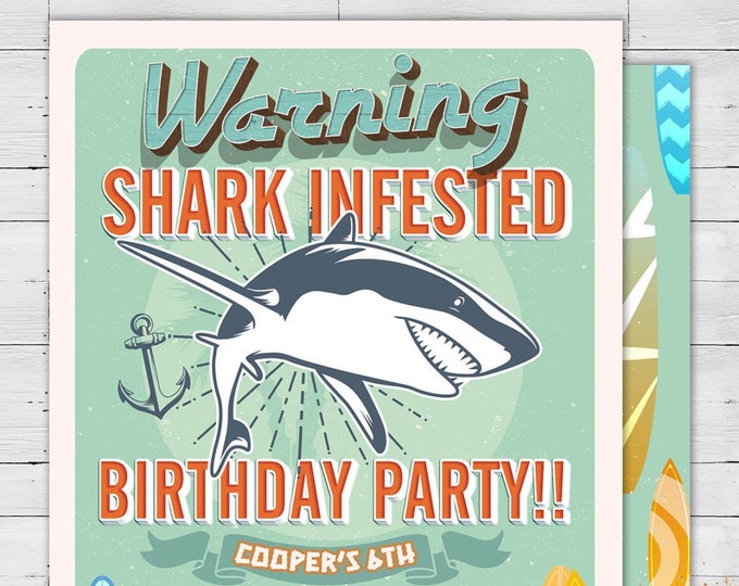 Shark invitation, Pool Party Invitation, surfer birthday, birthday invitation, invite, vintage surfer, girl birthday, pool party, swimming,