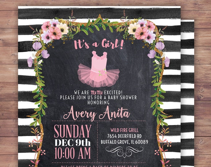 Baby girl shower invitation. Tutu, chalkboard, French, black white stripes, gold glitter, purple tutu invite,  tutu birthday