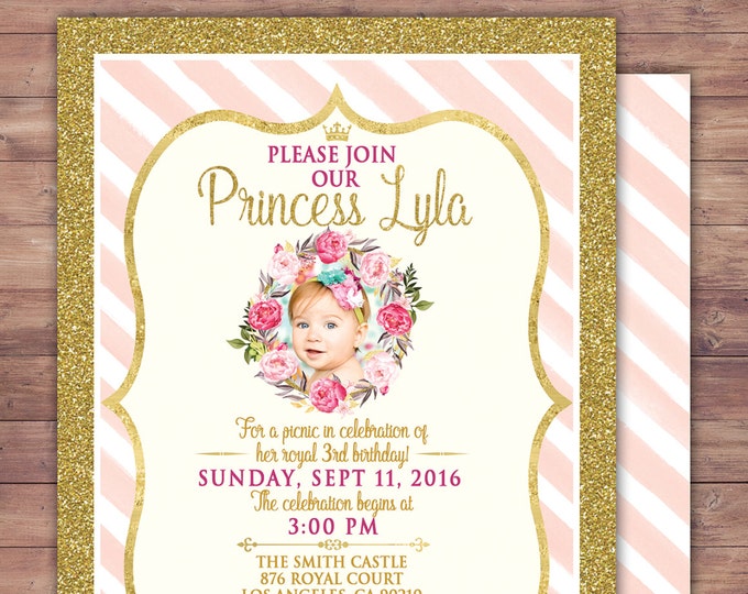 ANY AGE, Princess Invitations - Princess Birthday Party Invitations, first birthday, 1st birthday, VIP pass, Quinceanera, sweet 16, floral