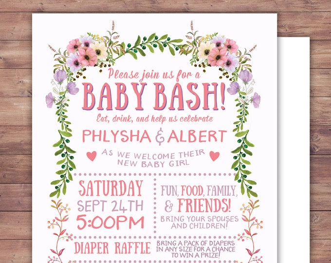 Floral, rustic, BOHO, BabyQ chalkboard couples co-ed Baby Shower BBQ invitation -baby is brewing, baby girl shower, Digital files only