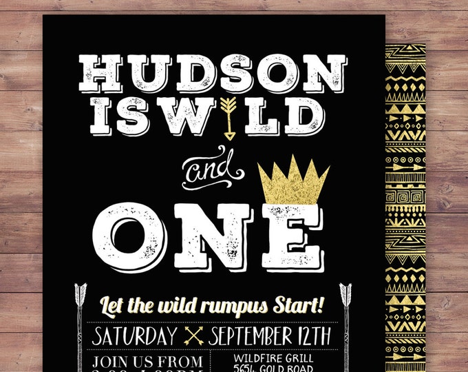 Wild one Birthday Invitation, Wild thing birthday Invite, invitation, arrow, pow wow, BOHO, Tribal, first birthday, 1st birthday, Gold