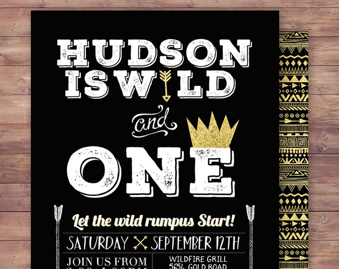 Wild one Birthday Invitation, Wild thing birthday Invite, invitation, arrow, pow wow, BOHO, Tribal, first birthday, 1st birthday, Gold