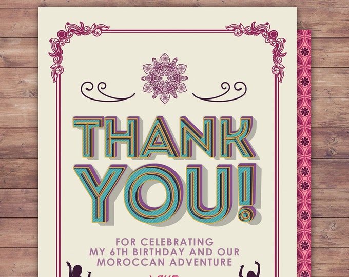 Moroccan thank you card, Morocco, India, Bollywood- travel birthday party invitation- Moroccan birthday-ethnic