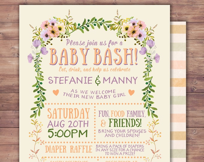 Floral, rustic, BOHO, BabyQ chalkboard couples co-ed Baby Shower BBQ invitation, baby q, boy girl- baby is brewing, baby girl shower