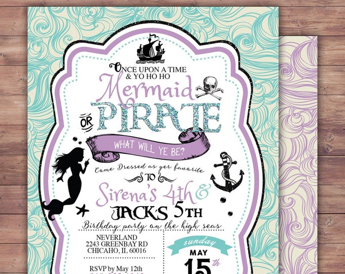 Mermaid invitation,  Pirate and Princess Birthday Invitation, Princess and Pirate invitation ,Twins birthday, nautical, under the sea