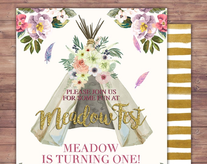 Teepee Birthday Invitation, ticket invitation, pow wow, BOHO, Tribal, first birthday, 1st birthday, Gold glitter, music festival, RockStar