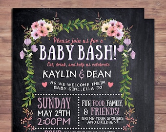 Floral, rustic, BOHO, BabyQ chalkboard couples co-ed Baby Shower BBQ invitation, baby q, boy girl- baby is brewing, baby girl shower