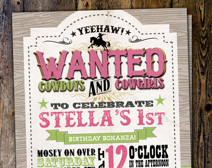 Vintage Cowboy Invitation, boy birthday, cowgirl, rodeo, western invitation, retro, wanted poster, rodeo poster, cowgirl, horse