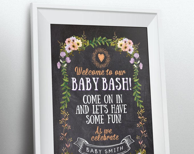 Welcome sign, Floral, rustic, BOHO, BabyQ chalkboard couples co-ed Baby Shower BBQ - babyQ  baby is brewing, (Printable File Only)