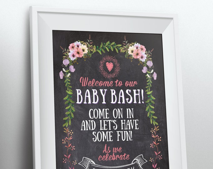 Welcome sign, Floral, rustic, BOHO, BabyQ chalkboard couples co-ed Baby Shower BBQ - babyQ  baby is brewing, (Printable File Only)