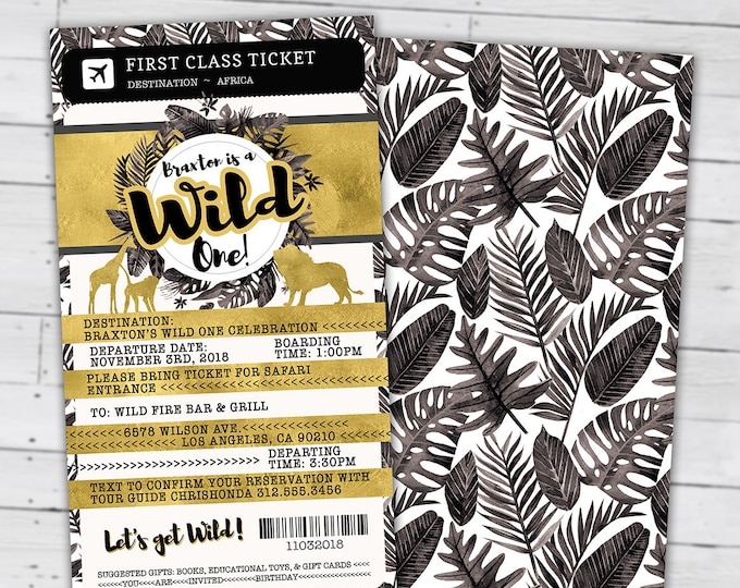 Passport invitation, Jungle Invitation, Jungle invite, Safari invitation, Safari Invite, Watercolors, Wild One, Elephant, Lion, Wild thing