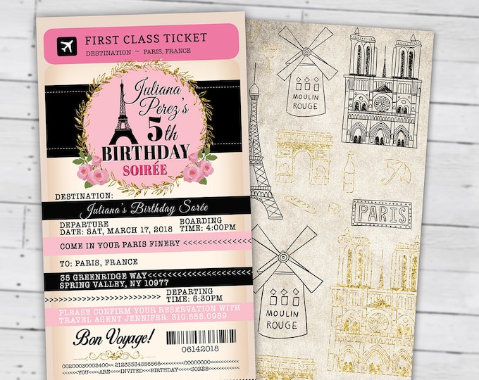 PASSPORT and TICKET birthday invitation! Girl's birthday party- travel birthday party invitation- Paris, Eiffel tower, Digital files only