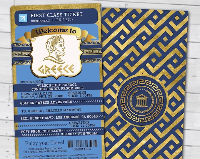 Prom, passport and ticket invitation, Greece passport, mediterranean, homecoming, Greek, School dance