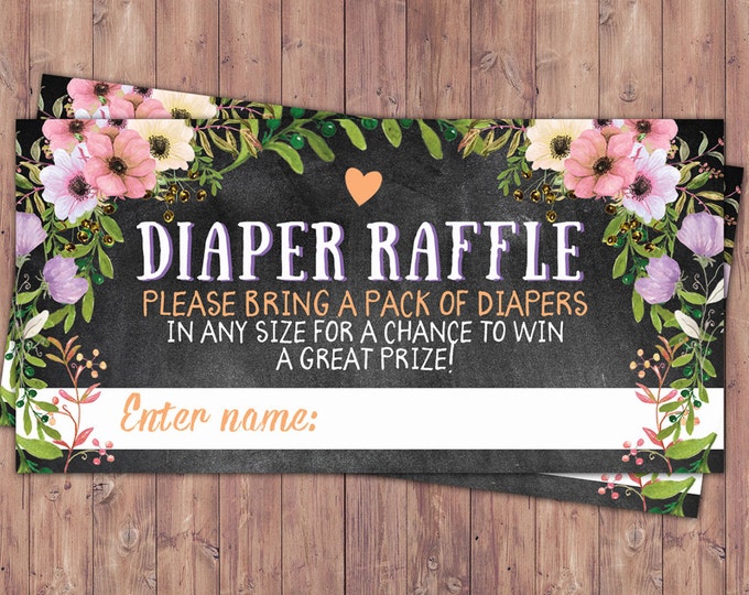 Diaper raffle insert, Floral, rustic, BOHO, BabyQ, chalkboard, Co-ed Baby Shower, BBQ, Baby-Q, baby boy, baby girl, shower game