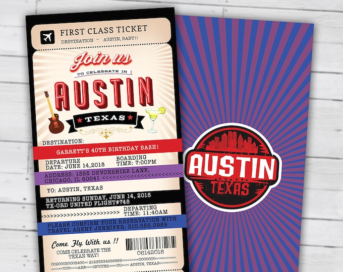 PASSPORT and TICKET birthday invitation, travel birthday party invitation, Austin, Texas, Lone star, Digital files only, Texas theme