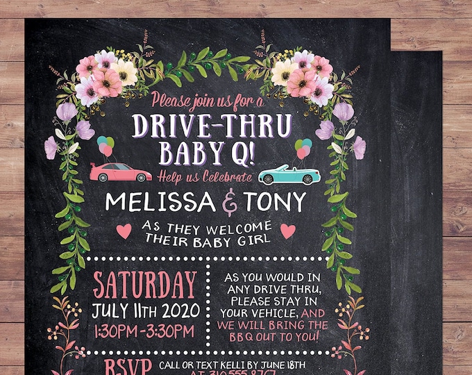 Drive-by baby shower, social distancing baby shower parade, Floral,BabyQ chalkboard couples co-ed Baby Shower BBQ invitation, babyq