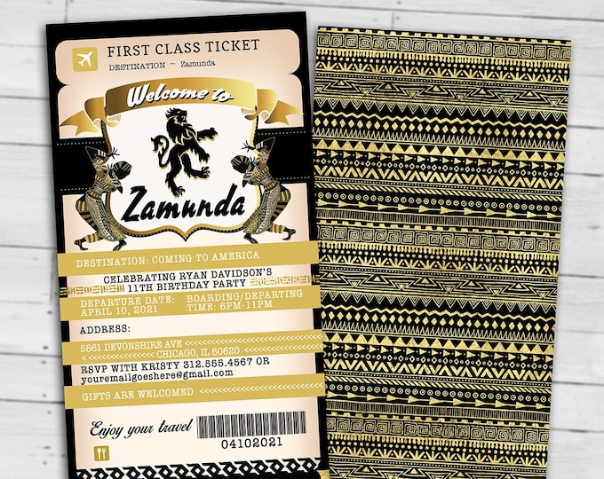 Passport and ticket birthday invitation, Coming to America Birthday invitation, Africa Passport, Zamunda, wedding, Digital files only