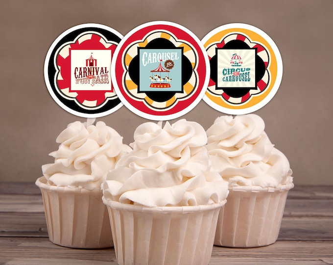 Carnival Cupcake Toppers, Circus Cupcake Toppers, Custom Cupcake Toppers, Vintage Circus, Baby Shower, Party Favor, Birthday Party