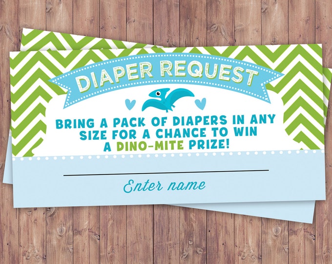 Diaper request,Dinosaur, baby shower, invitation, dino baby, chevron pattern, hatching, party decor, baby dinosaur, coed baby shower, game