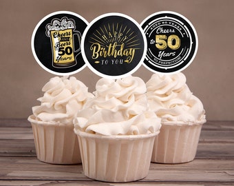 50th birthday party decorations - Cupcake toppers - Cheers to 50 years - Cheers & Beers - Instant download party decor for him or her