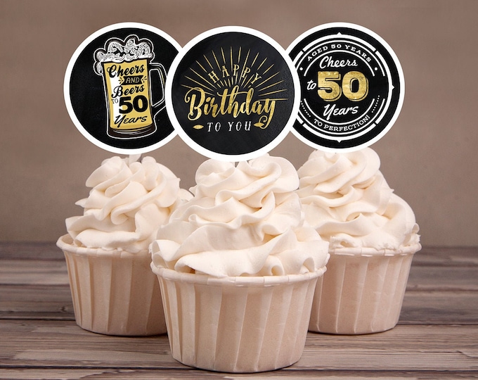 50th birthday party decorations - Cupcake toppers - Cheers to 50 years - Cheers & Beers - Instant download party decor for him or her