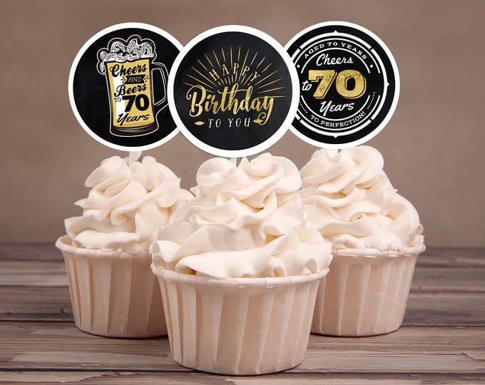 60th birthday party decorations - Cupcake toppers - Cheers to 70 years - Cheers & Beers - Instant download party decor for him or her