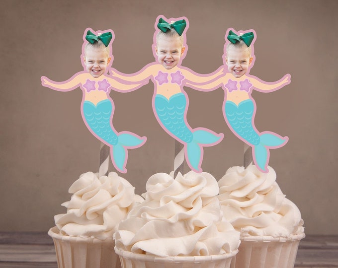 Photo Cupcake Toppers, Mermaid party, Under the sea, decor, Mermaid party decor, ocean party