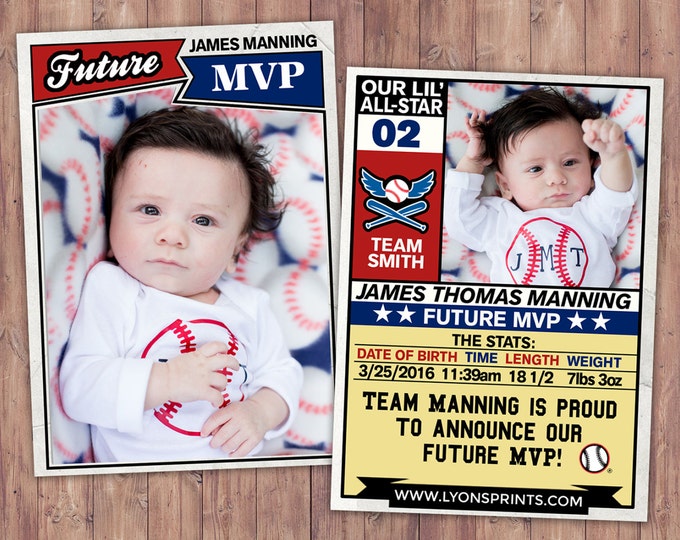 Baseball card, football, pregnancy announcement, birth announcement, basketball, baby boy, sports, baby shower, baby announcement