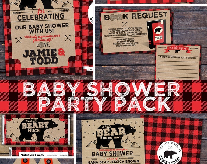Lumberjack baby shower Invitation, digital files only, Buffalo Plaid Woodland Invitation, Lumberjack party, Bear, camping, party pack